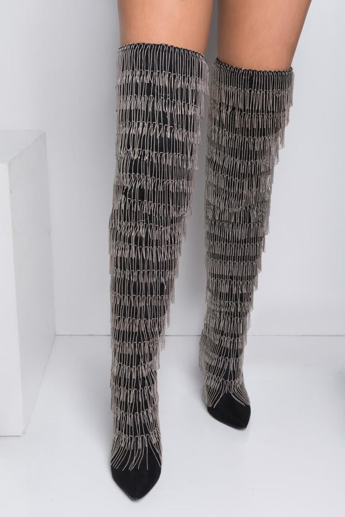 thigh high fringe boots