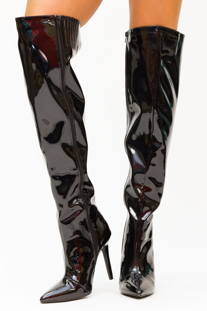 black patent leather thigh high boots