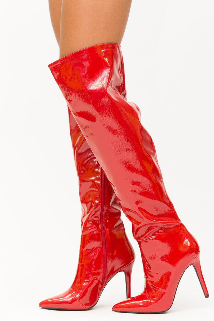 red patent leather thigh high boots