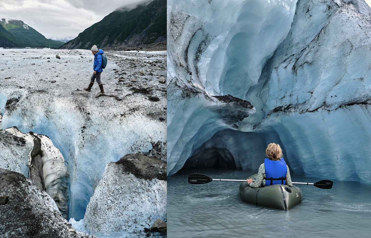 Hiking and kayaking through a glacier in alaska