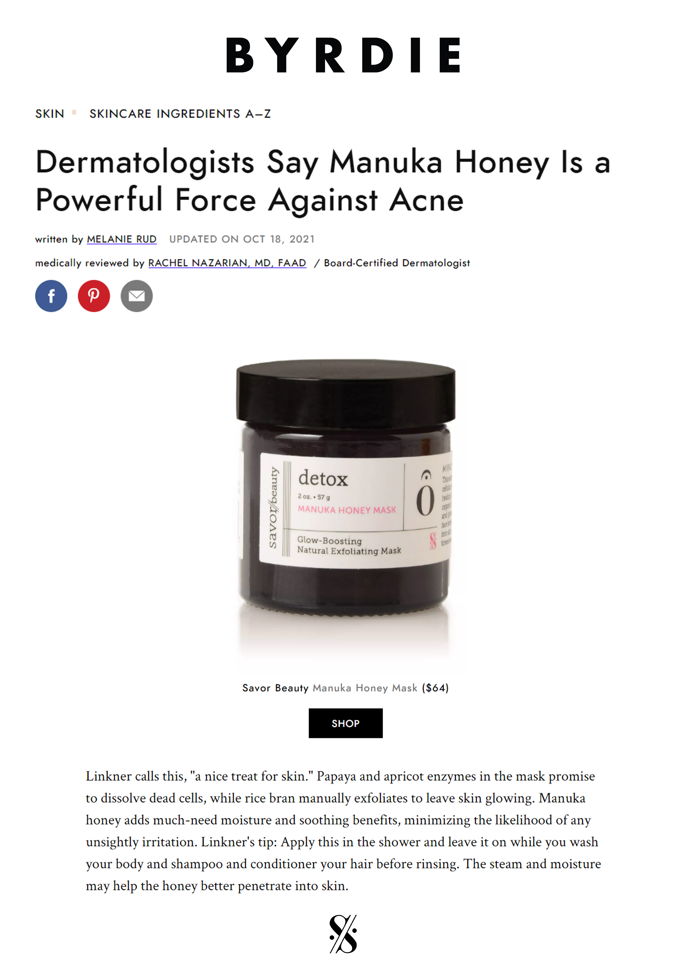 Byrdie: Dermatologists Say Manuka Honey Is a Powerful Force