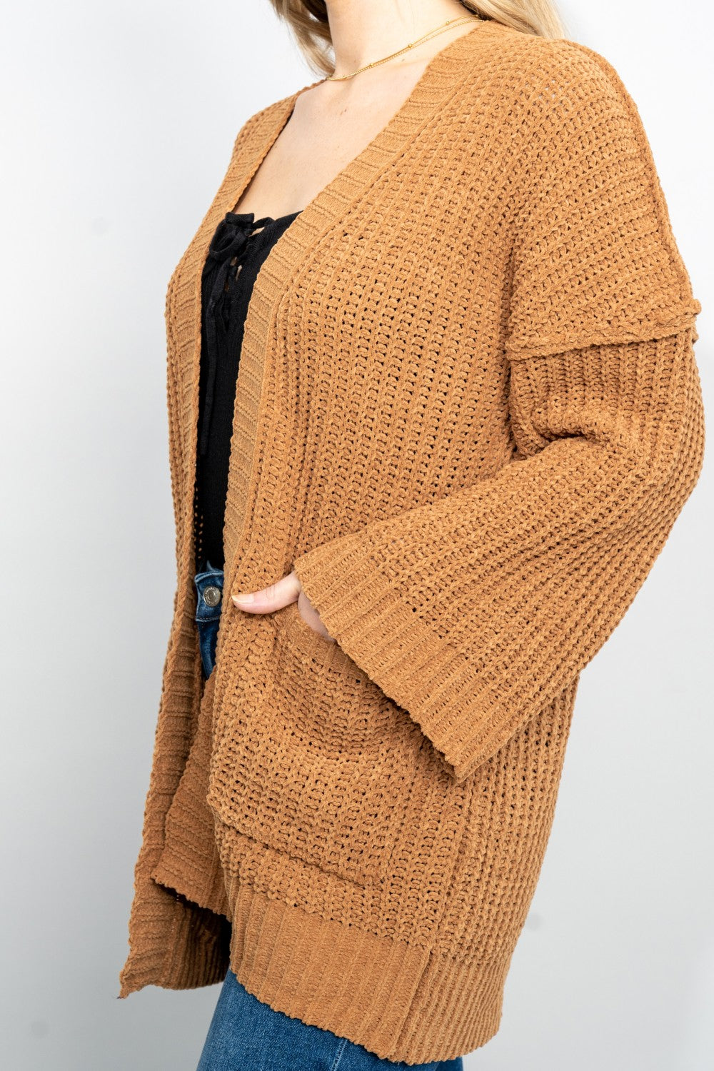 Very J Exposed Seam Flare Sleeve Open Front Cardigan in Camel