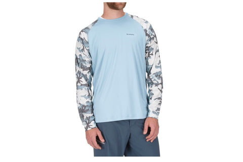 Simms SolarFlex Long Sleeve Crewneck Hex Flo Camo Grey Blue Shirt