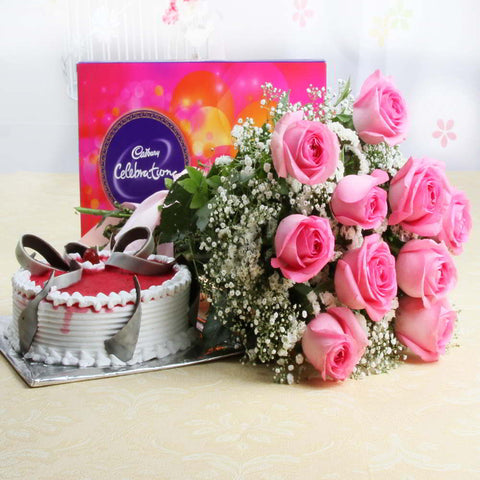 Pink Roses with Celebration Chocolate Pack and Strawberry Cake