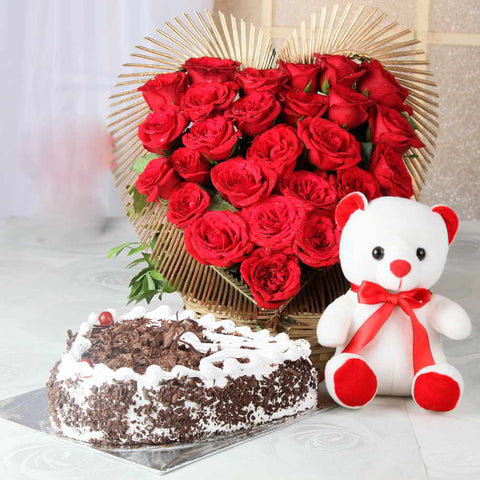 Heart Shape Arrangement of Red Roses and Teddy Bear with Black Forest Cake