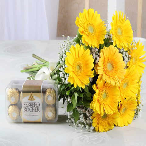 Yellow Gerberas with Ferrero Rocher Chocolate Box