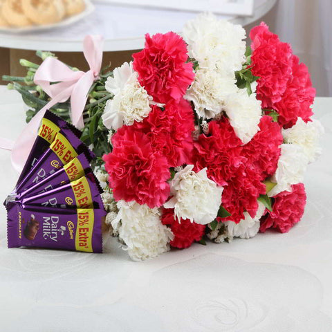 Carnation Flowers Bouquet and Chocolates Combo