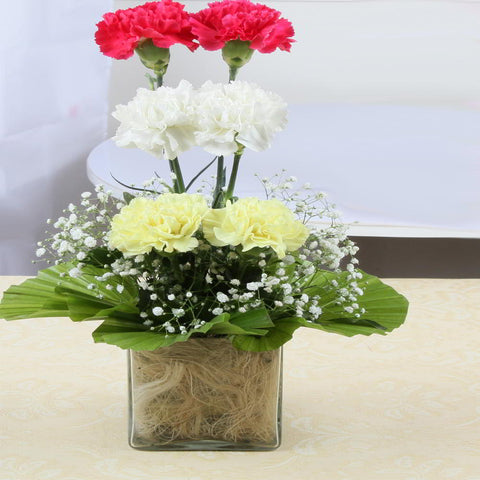 Mix Color Carnations Glass Vase Arrangement