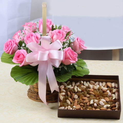 Pink Roses Basket with Dry Fruits Box for Express Delivery
