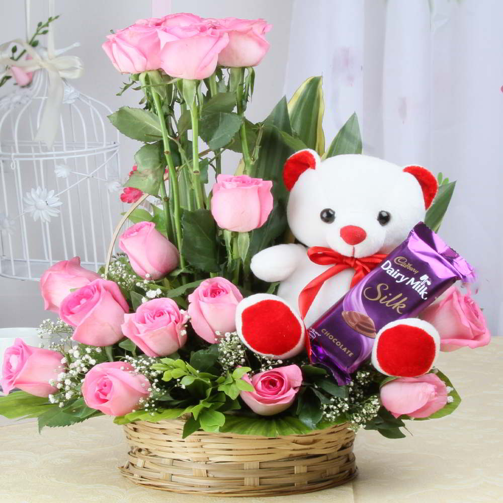 Pink Roses with White Teddy and Silk Chocolates Bars
