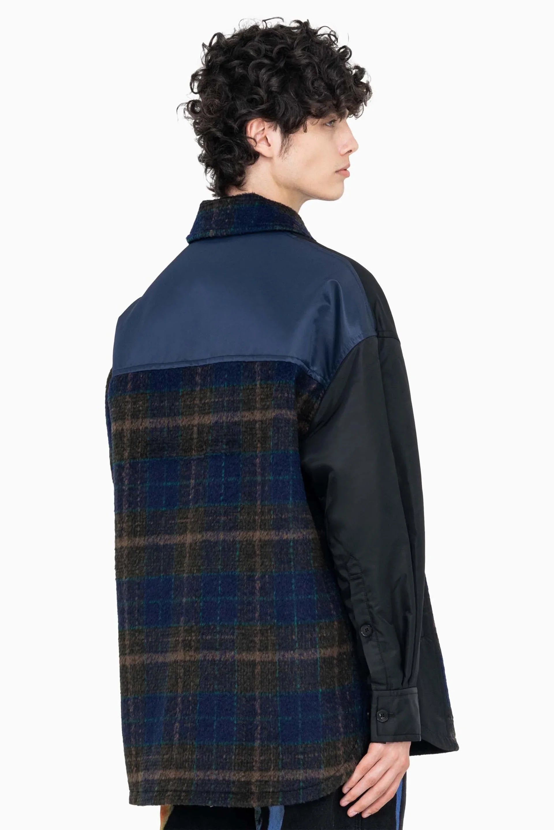 Feng Chen Wang Panelled Flannel Shirt Jacket Navy | UJNG