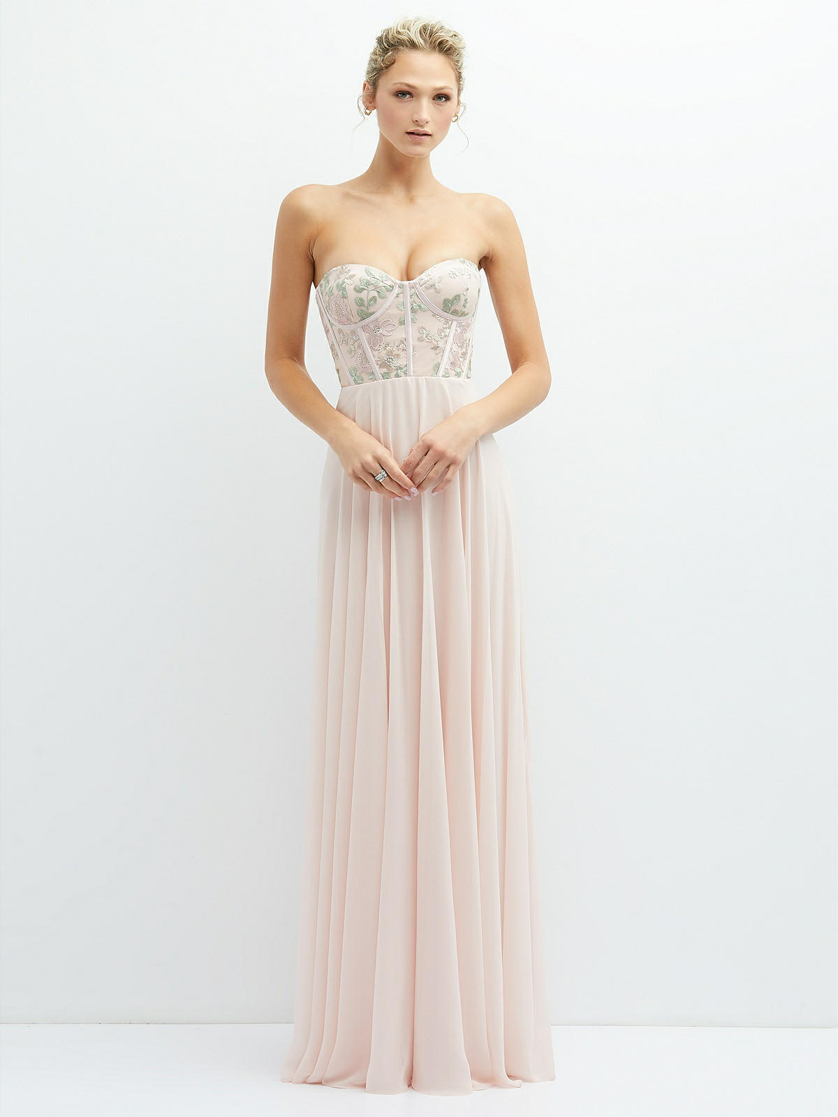 Dessy Collection Strapless Floral Embroidered Corset Maxi Dress With Chiffon Skirt In Blush