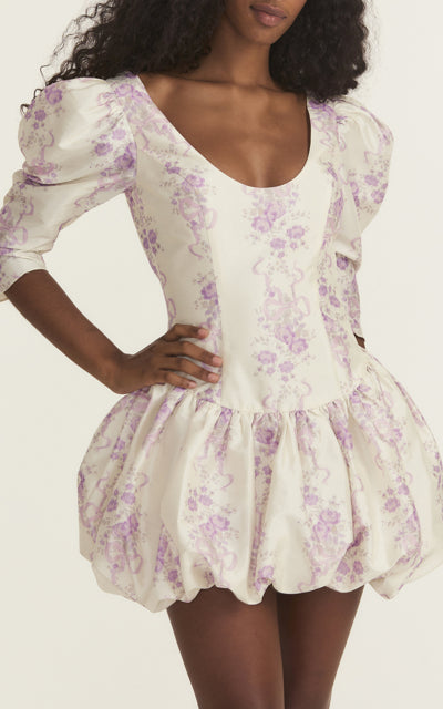 Loveshackfancy Women Nelisia White Purple Floral Print Bubble Hem Mini Dress In Multicolor