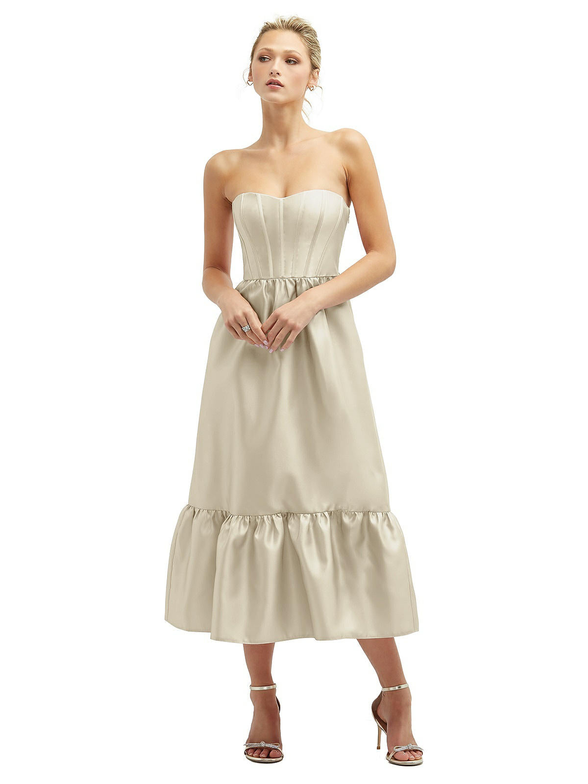 Dessy Collection Strapless Satin Midi Corset Dress With Lace-up Back & Ruffle Hem In Powder Pink