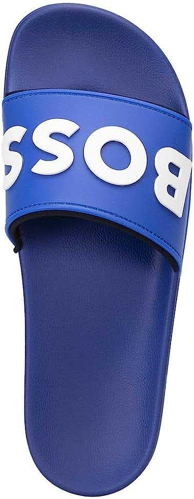 Hugo Boss Men Kirk Bold White Logo Rubber Slide Sandal In Blue