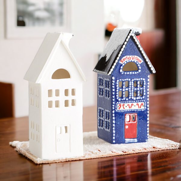 Vintage Blue Ceramic Bisque Village with Snow and Glitter Roofs and Trees