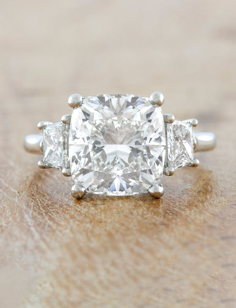 4 Carat Three Stone Cushion Cut Diamond Ring | Ken & Dana Design