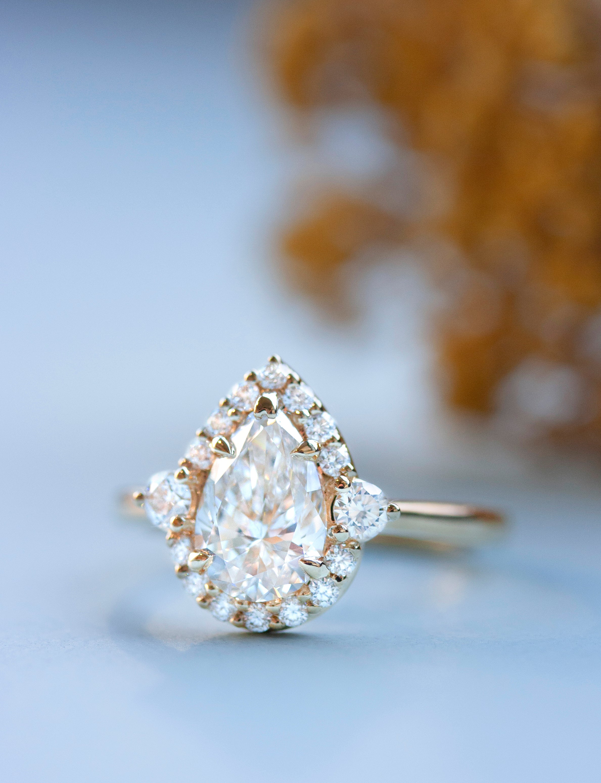 Alice: 3-Stone Pear Diamond Halo Engagement Ring | Ken & Dana Design