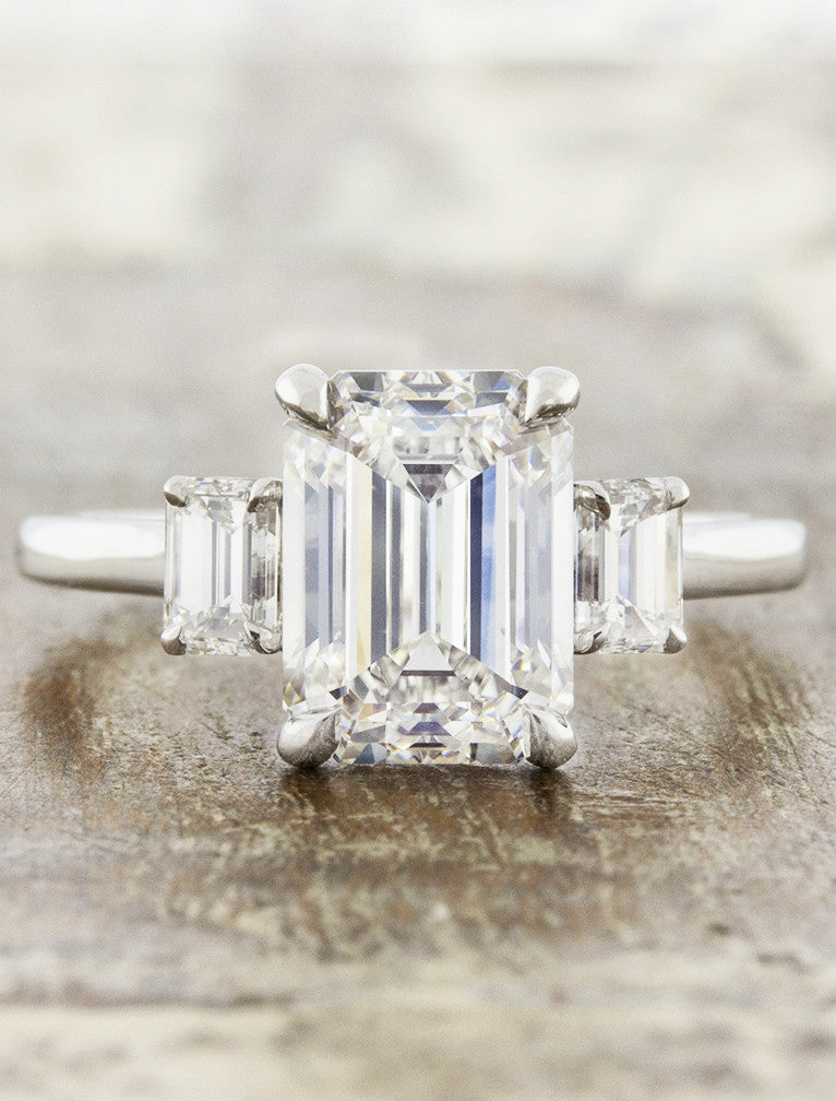 Rebecca: Classic Three Stone Emerald Cut Diamond Ring | Ken & Dana