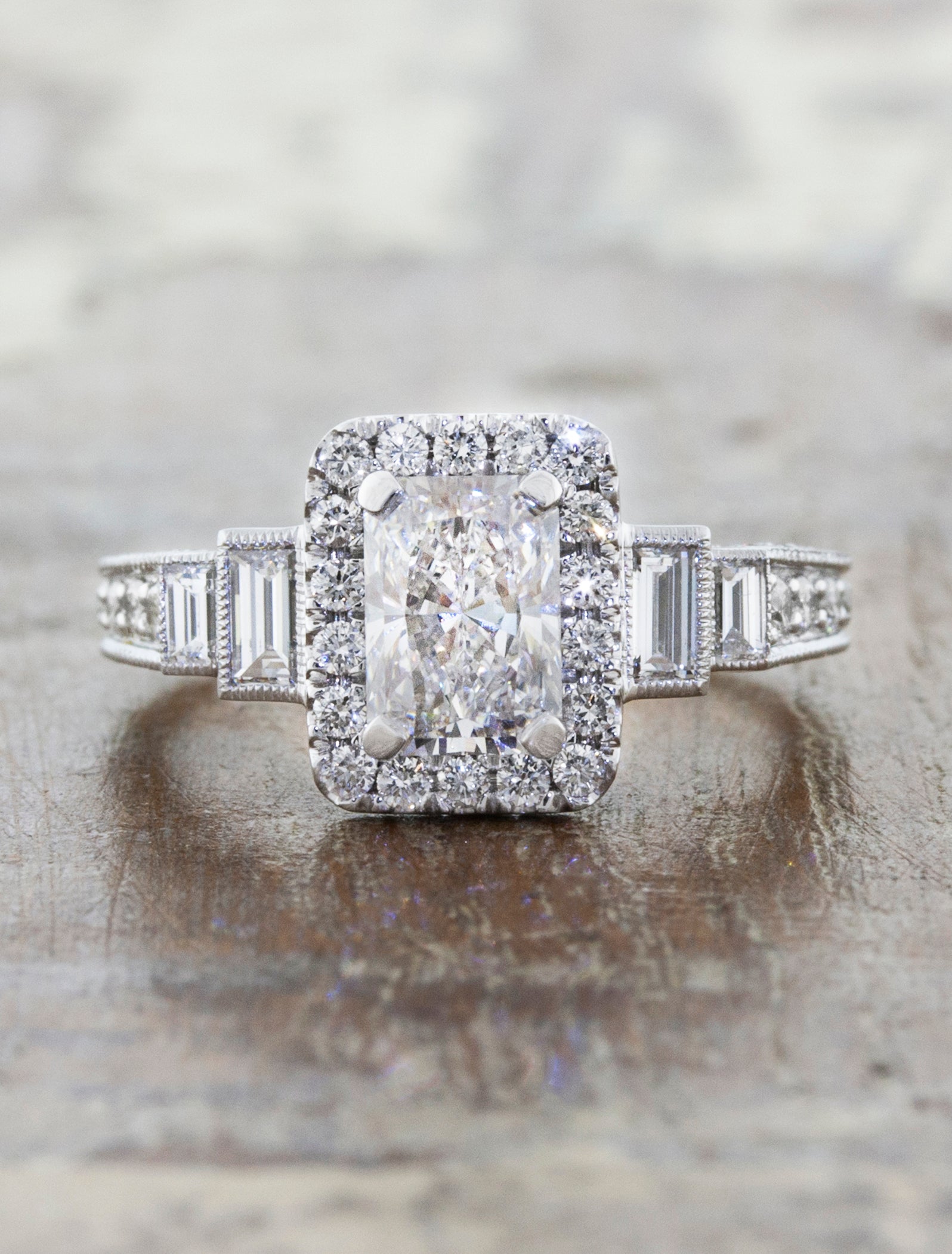 Elani: Vintage Inspired Radiant Diamond Halo Engagement Ring | Ken & Dana