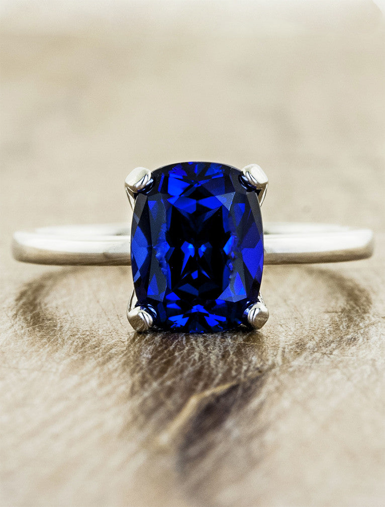 Heather: Modern Cushion Cut Blue Sapphire Engagement Ring | Ken & Dana