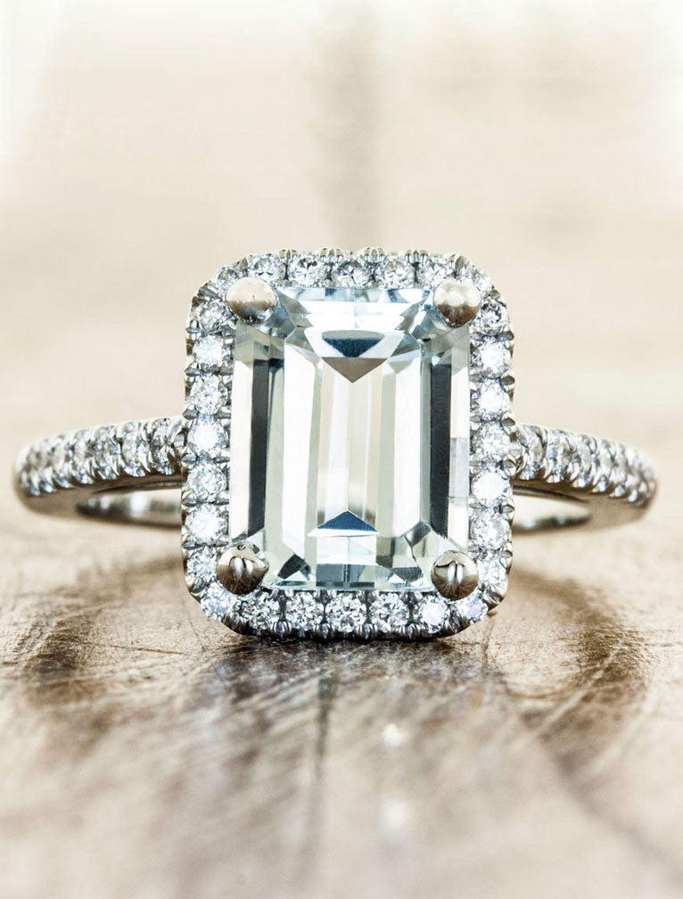 Stella: Halo Emerald Cut Aquamarine Engagement Ring | Ken & Dana