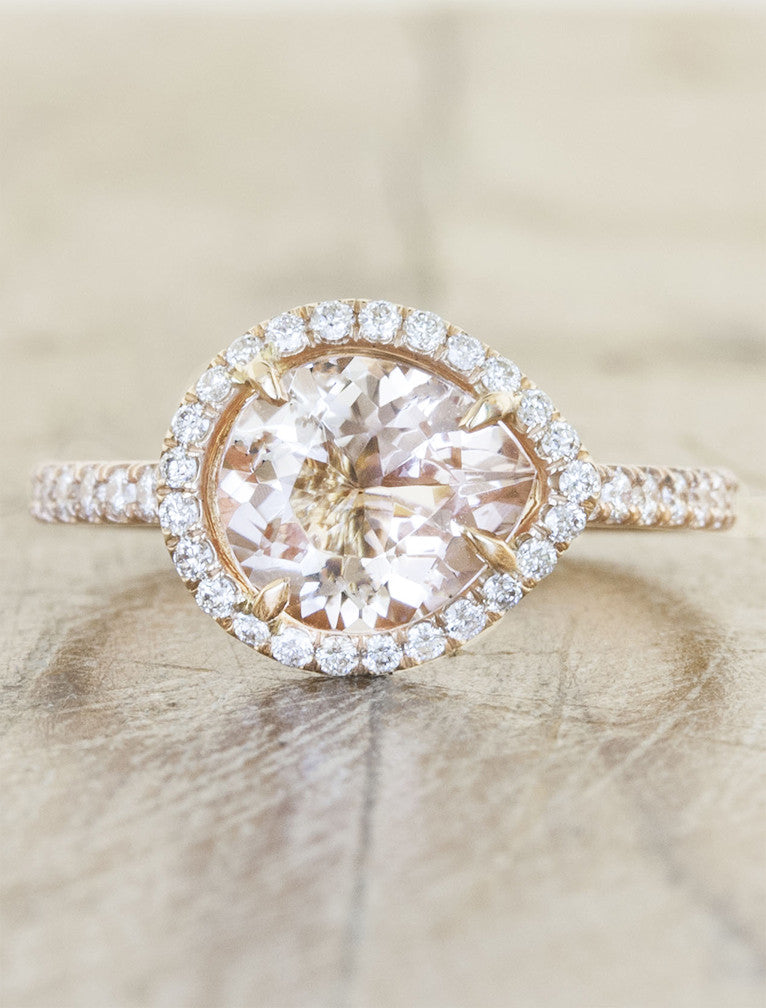 Penelope: Halo Pear Shaped Pink Morganite Ring | Ken & Dana Design