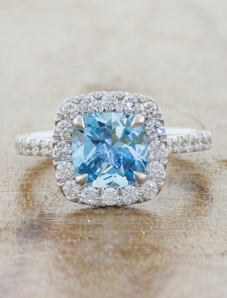 Tabby: 1.25ct Cushion Cut Aquamarine Halo Engagement Ring | Ken & Dana