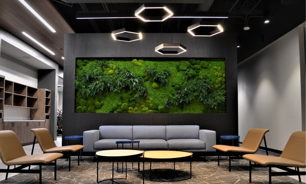 office lounge with preserved moss wall 