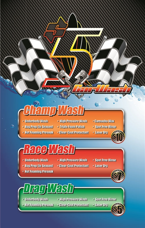 $5 Hot-Rod Wash- Windmaster Menu- 28" x 44" .020 Styrene Insert