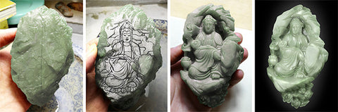 The four step process of creating a jade statue by hand. This light green jade statue is a bodhisattva buddha jade, which shows a person in robes sitting down. From left to right, a raw jade, the rough jade with a draft of the design on top, the bodhisattva is carved into the jade, the final design is shiny and polished for display.