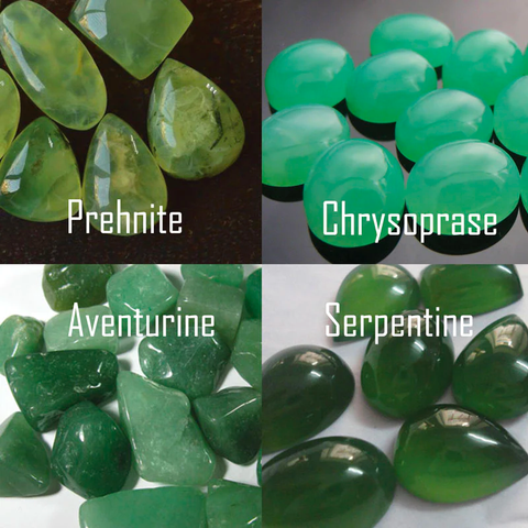 Piles of different types of green stones called prehnite, chrysoprase, aventurine, and serpentine