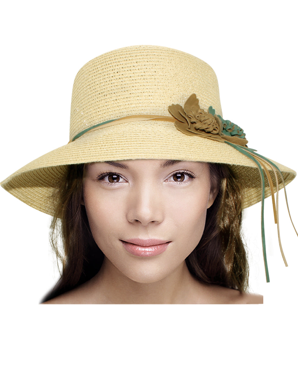 Dahlia Double Suede Flower Straw Bucket Summer Sun Hat - Cream