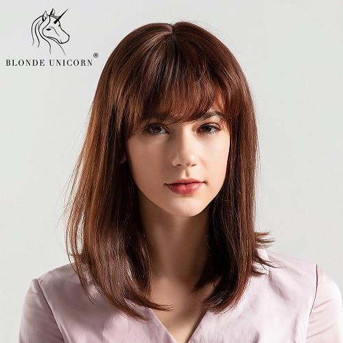 Blonde Unicorn 18 Inch Synthetic Women S Wigs 50 Human Hair Dark Brown Side Bangs Natural Long Wavy With Highlights Full Wig