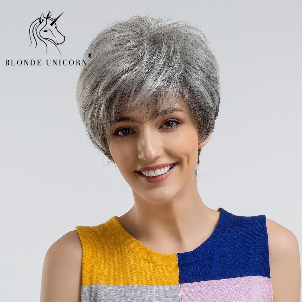 Blonde Unicorn Fluffy Pixie Cut Short Hair Wigs Ash Gray Black Ombre Highlights 30 Human Hair Wig With Side Bangs Free Shipping