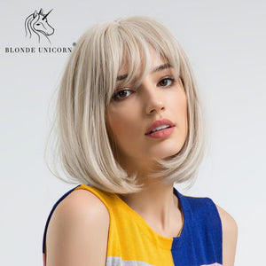 Blonde Unicorn Natural Short Bob Wig 12 Inch Straight Synthetic Hair Cosplay Wig With Bangs Lolita Wigs For Womens Free Shipping