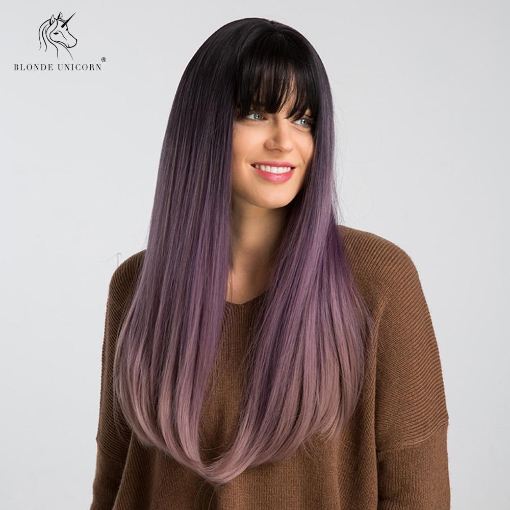 Blonde Unicorn 22 Inch Synthetic Dark Roots Ombre Purple Long Straight Hair Cosplay Wigs With Bangs Realistic Simulation Scalp