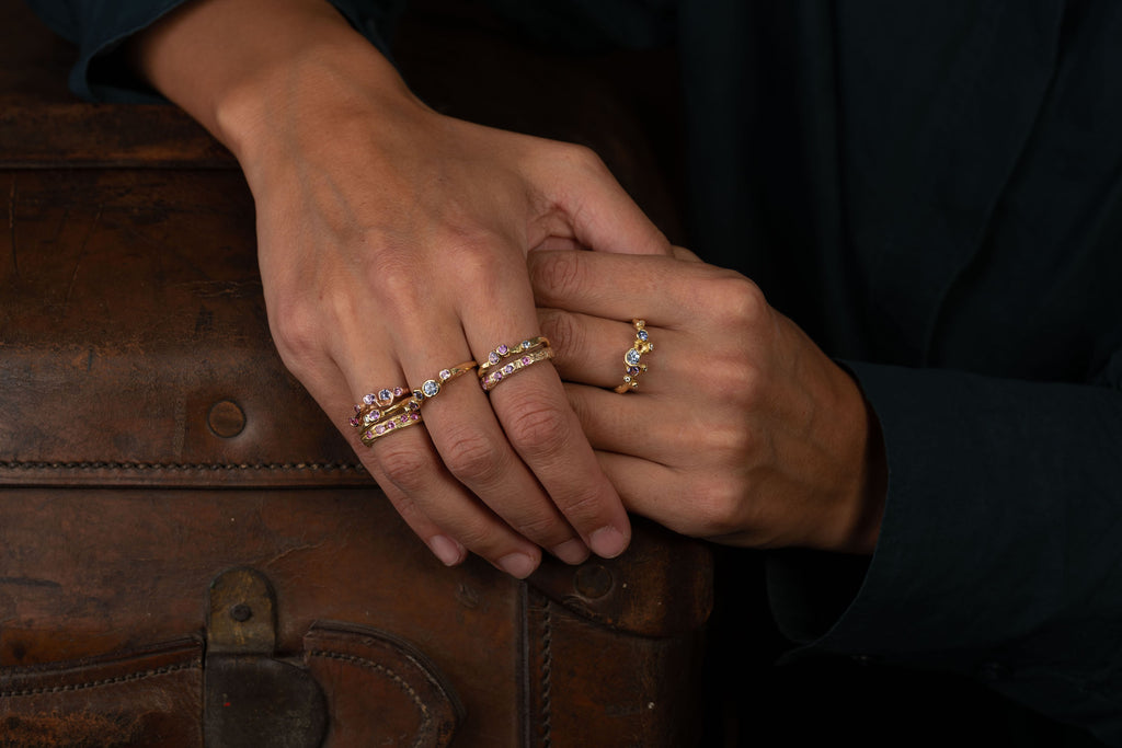 A collection of pink sapphire unique handmade rings and engagement rings by contemporary jewellery designer Emily Nixon. 