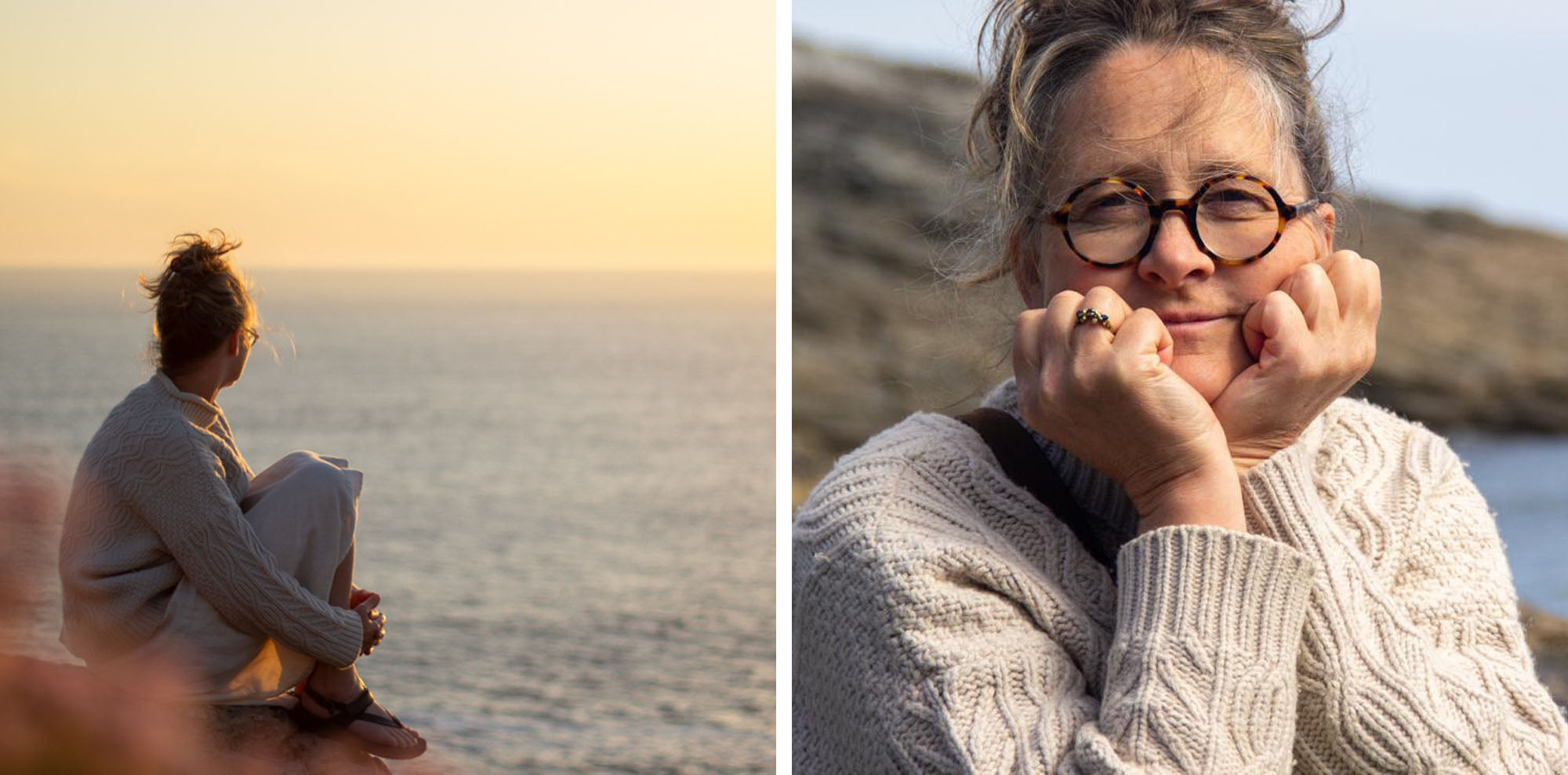 Emily Nixon wearing her traditional aran hand knitted jumper. Effortless everyday style with her sapphire seaweed ring designs. 