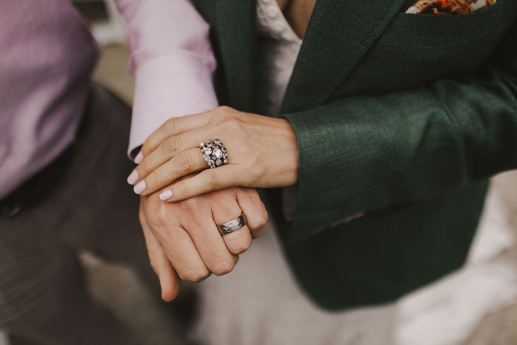 California beach wedding ring stack with sapphires and diamonds