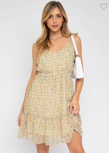 Mint/Yellow Floral V-Neck Tiered Dress