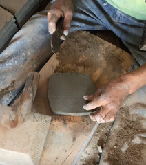 Once sundried, the rough clay bricks are manually cut in two distinct shapes, 5 cm by 15 cm or 2" by 6 " for the terracotta family and 10 cm by 10 com or 4" by 4" for the zellij family