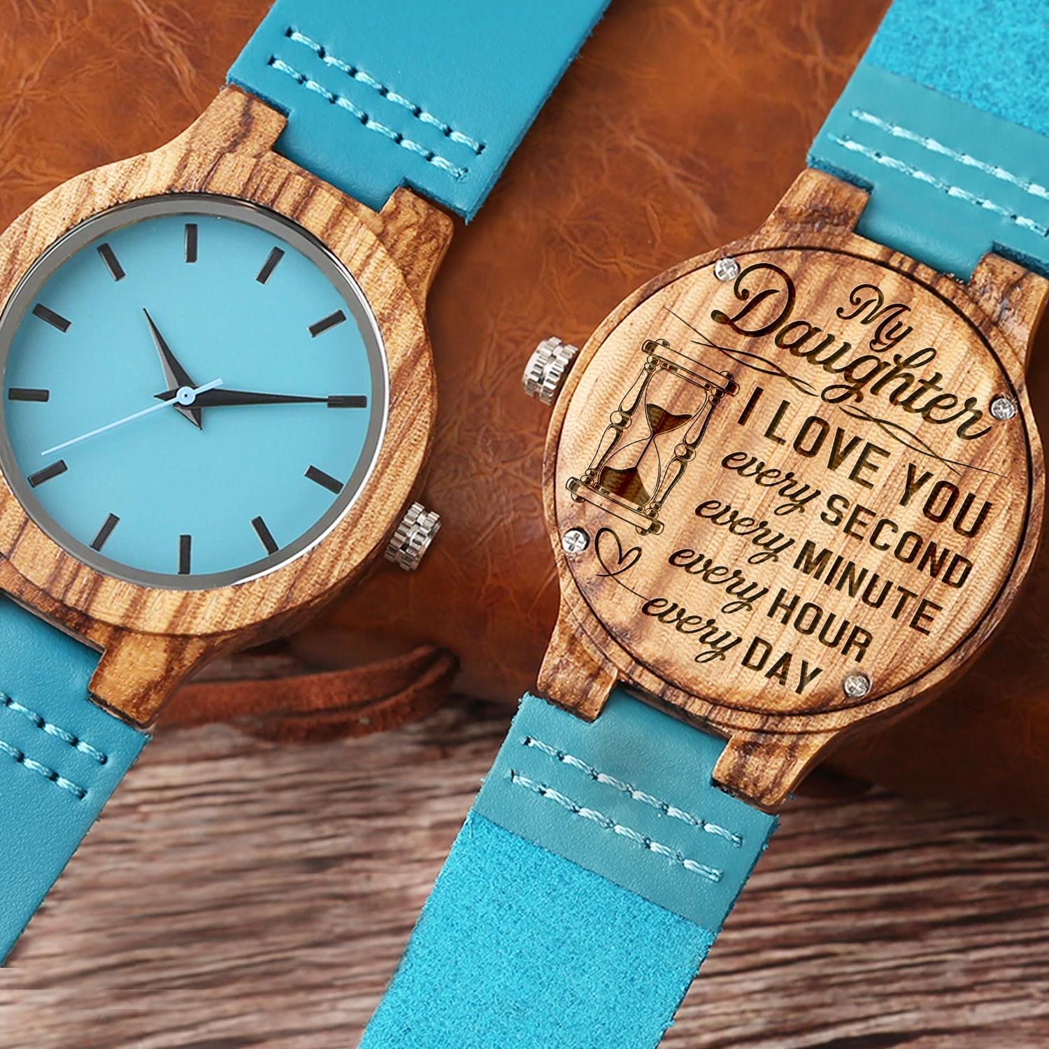 DAUGHTER - LOVE YOU - BLUE WOOD WATCH - Engraved Gifts