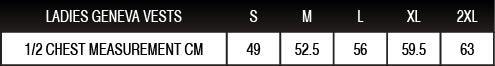 Ladies Geneva Vest Sizing Chart