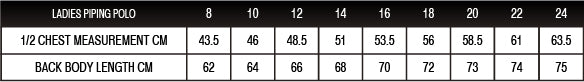 Ladies Piping Polo Sizing Chart