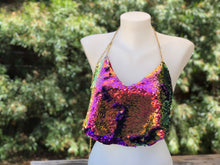 Women's Mermaid Purple Flip Sequin Backless Halter Top.  Adjustable Size Lightweight Chains.