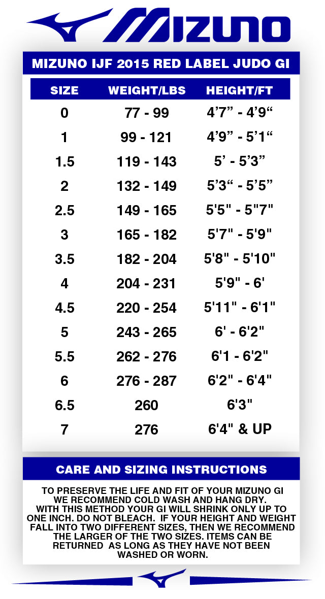 Judo Pants Size Chart