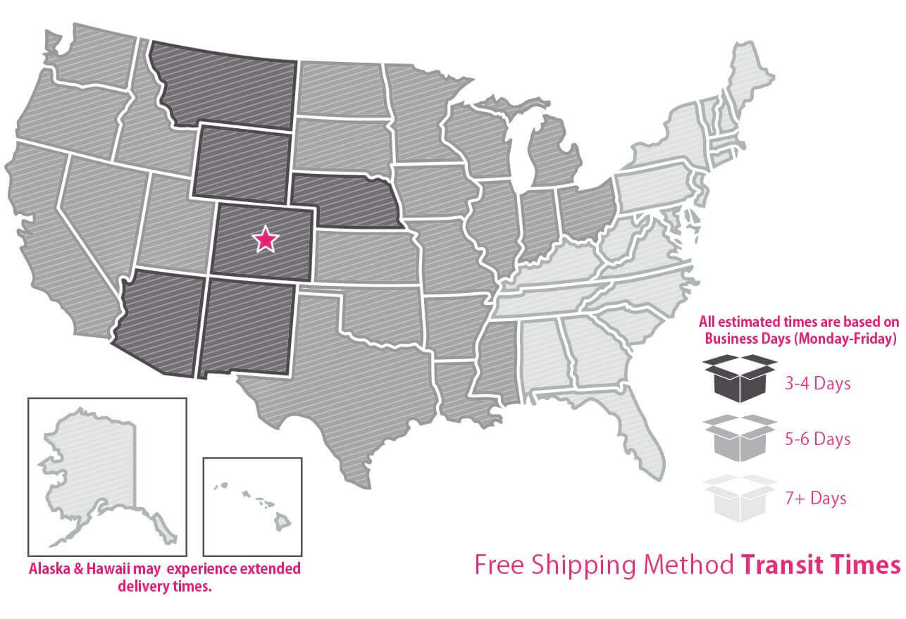 Black & gray map of the US with shipping times