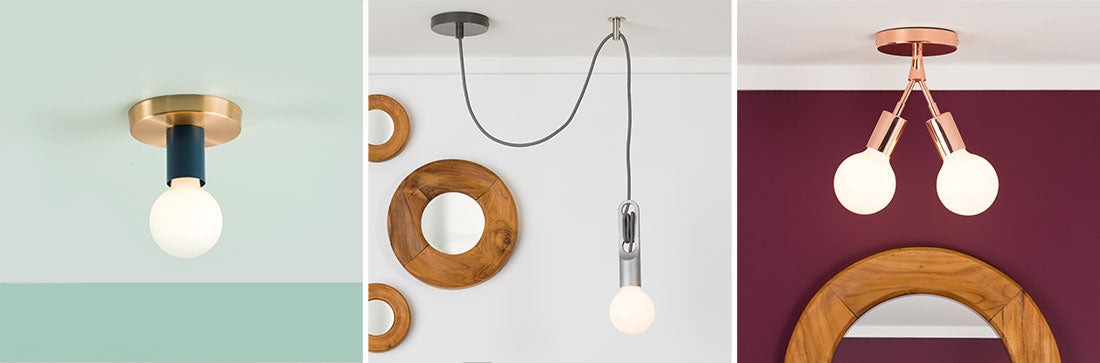 Trio of images featuring Color Cord Company ceiling light fixtures
