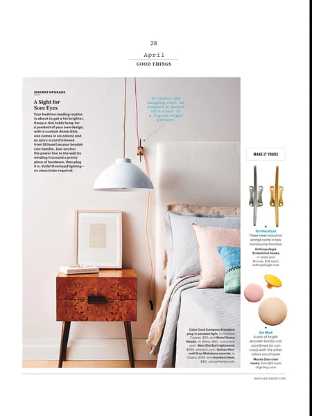 Color Cord’s white dome pendant shade with pink cloth covered cord in a feature in Martha Stewart magazine about bedroom lighting and design ideas.